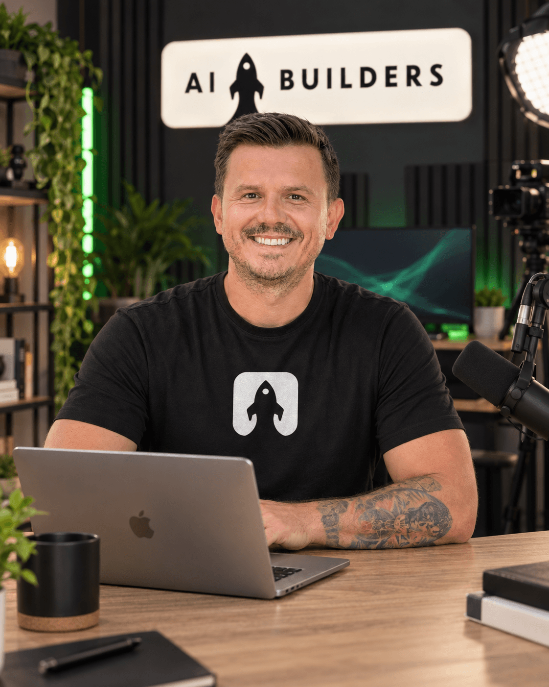 AI-generated portrait of Marcin Teodoru at a creator desk with his laptop and AI Builders studio backdrop